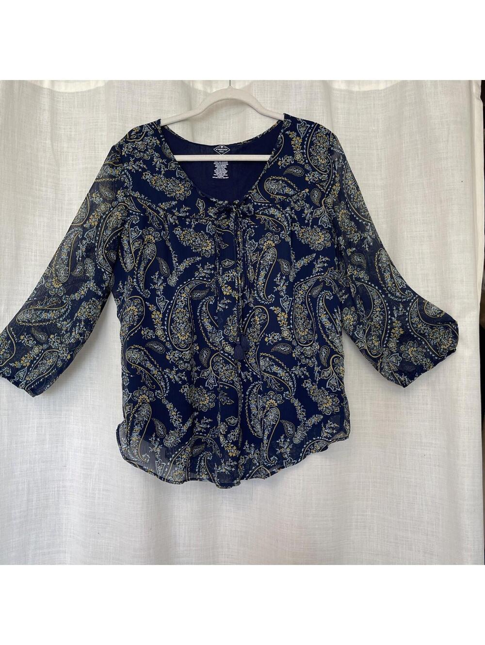 St. John Bay Navy Paisley Sheer 3/4 Length Sleeve Boho Top Tassel Tie Sz XL
